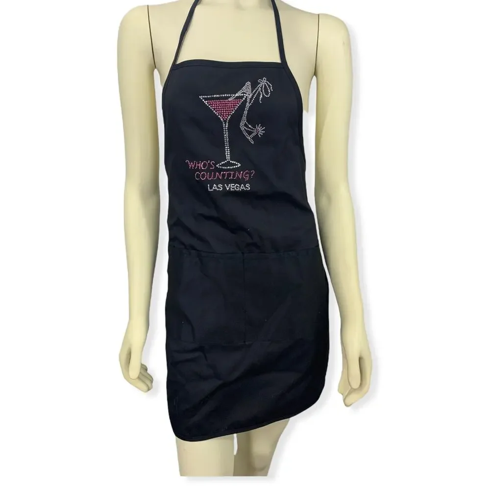 Who's Counting Las Vegas Martini & Heel rhinestone Apron 2 pockets tie back NWT